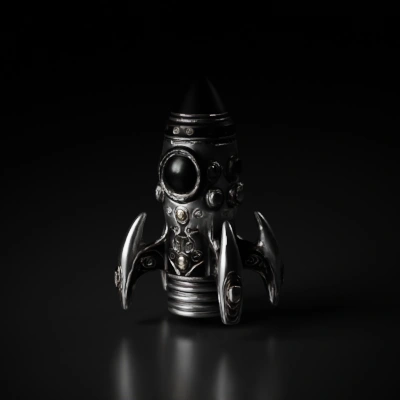 Metallic steampunk rocket, intricate detailing, brass inlay.