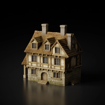 Medieval wooden house with chimneys.