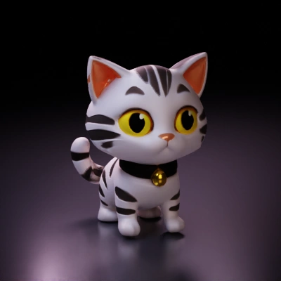 Striped cat with large eyes, animated, cute.