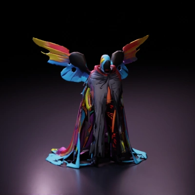 Faceless futuristic cloaked warrior with vibrant mech wings.