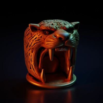 Ferocious tiger head statue with open mouth, fangs.