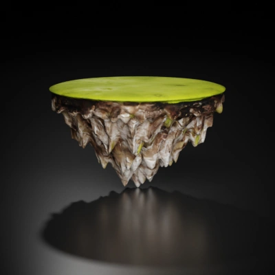 Floating island with grass top, rocky underside.