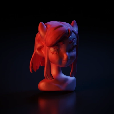 Fantasy elf-like female bust sculpture, stylized features.