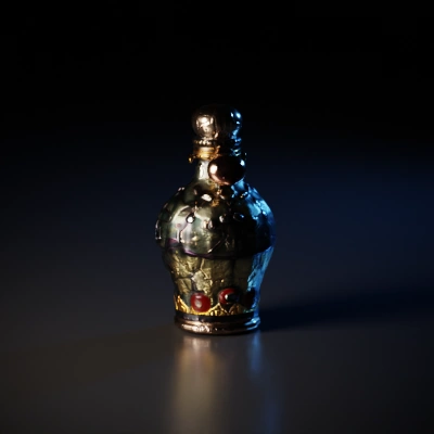 Mystical potion bottle with ornate design.