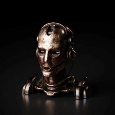 Retro robot head with visible gears, rivets.