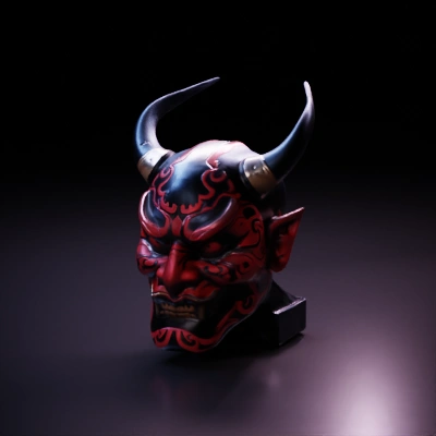 Demon mask with intricate design, fierce expression.