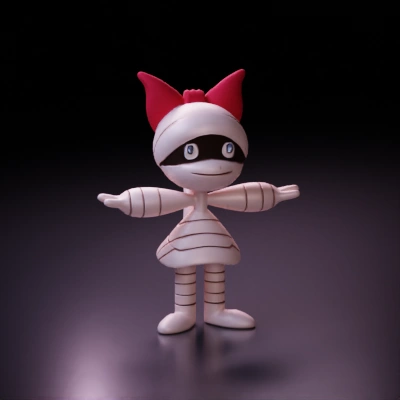 Cartoon mummy character with red bow.