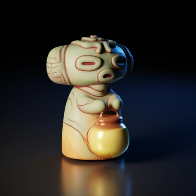 Ancient statue holding glowing lantern.