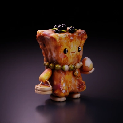 Cartoonish meat character with accessories.
