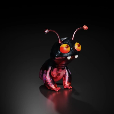 Alien creature, cartoonish, with big eyes and antennae.