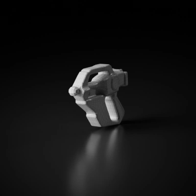 Sci-fi laser blaster, sleek design and details. symmetric geometry, sharp edges, complex geometry, game-ready, simple geometry