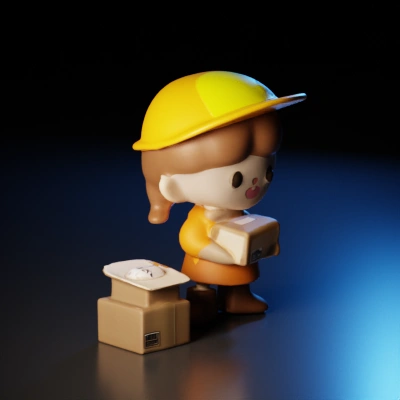 Cartoon delivery character with packages.