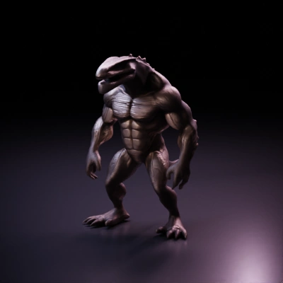 Muscular reptilian humanoid with scales and spikes.