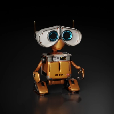 Friendly robot with large eyes, tank-like wheels, antennas.