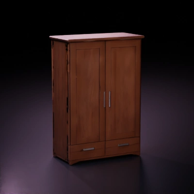 Wooden wardrobe with two doors, storage drawers.