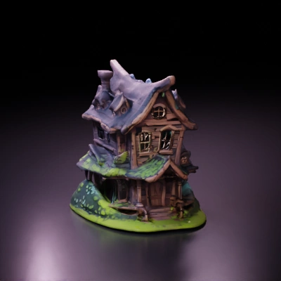 Fairytale crooked wooden house. flat bottom, no wide back
