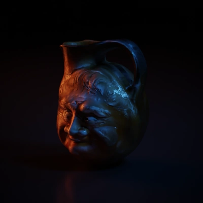 orange clay Jug with a face, vintage. some painted features, signs of wear