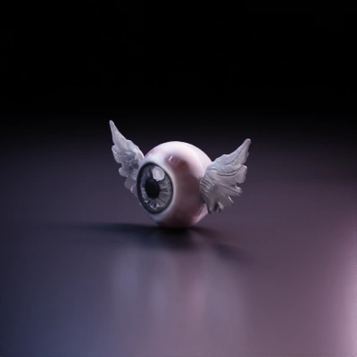 Eyeball with feathered wings.