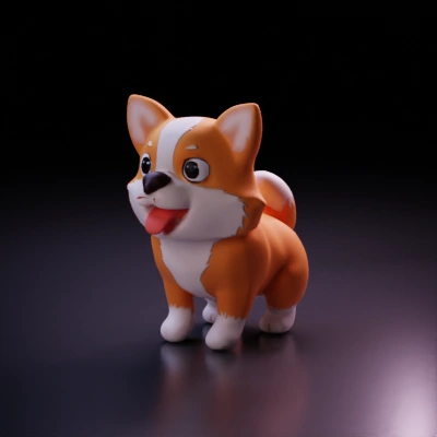 Cartoonish corgi dog, big eyes, tongue out.