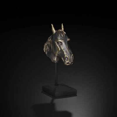 Bronze horse head sculpture on a stand. antique bronze finish