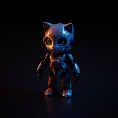Robot cat with glowing blue eyes.