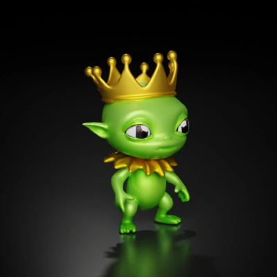 Alien king character, small stature, wearing royal crown, 5 fingers on each hand.