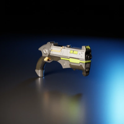 Futuristic handgun with sci-fi design.