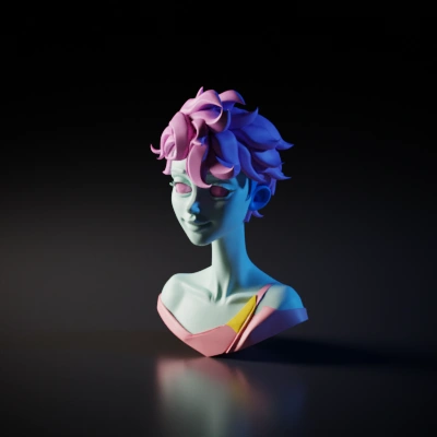 Stylized portrait of person with pink hair. smooth edges, complex geometry, character, symmetric geometry