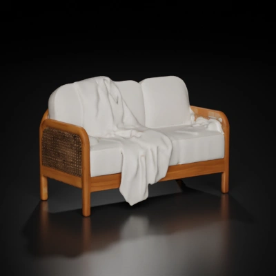 Wooden sofa with woven backrest and armrests.