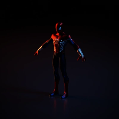 Spider-Man crouching, heroic pose looking down.