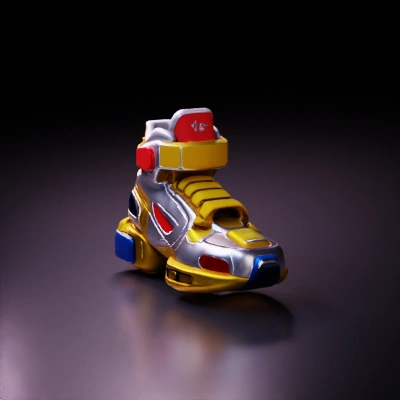 Futuristic sneaker with robotic design elements.