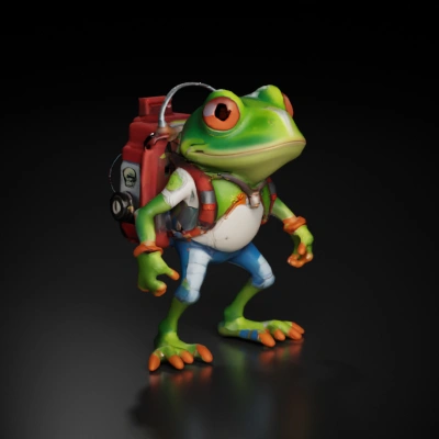 Frog humanoid with backpack, cartoon style, adventurer.