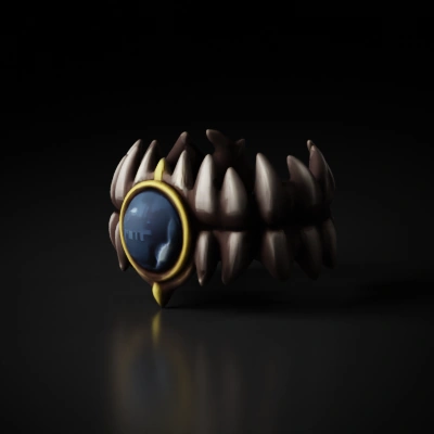 Ring of curved spikes around a blue orb.