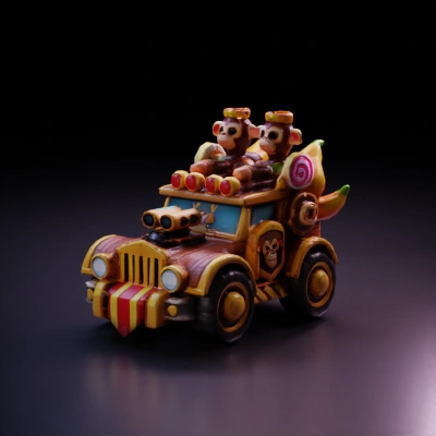 Cartoon-styled jeep with monkeys, fun design, includes bananas in the back.
