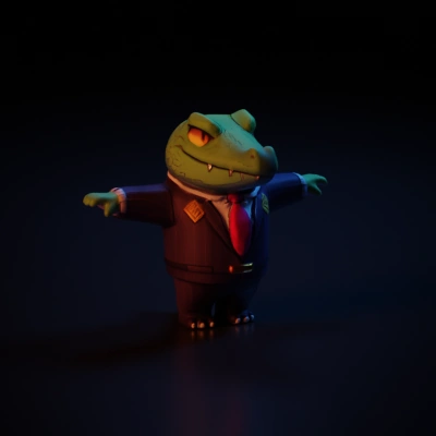 Confident cartoon alligator in business suit.