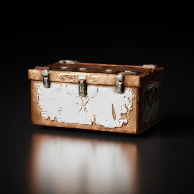 Rusted metal storage box, worn surface, handles.
