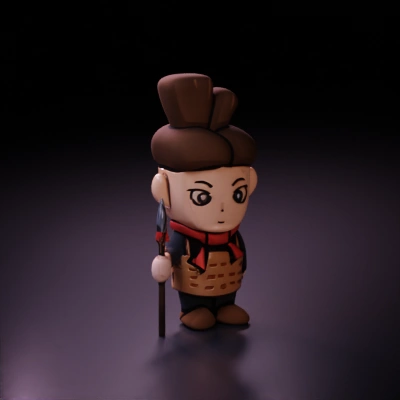 Chibi warrior holding a spear, ancient armor.