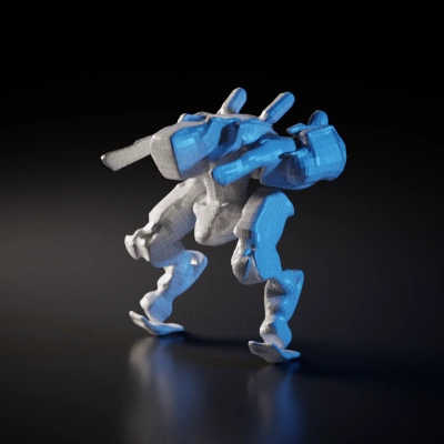 Military-style combat mech with heavy armament and four legs. symmetric geometry, sharp edges, complex geometry, game-ready, smooth edges