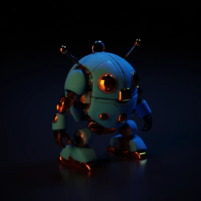 Compact robot with mechanical limbs, rounded body, antennas. Glossy metallic exterior with exposed gunmetal underlayer.
