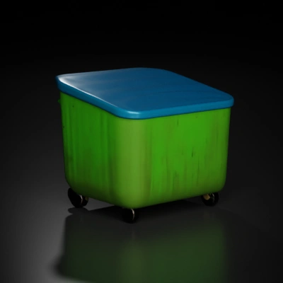 Open-top wheeled container, ribbed sides, lid on top.