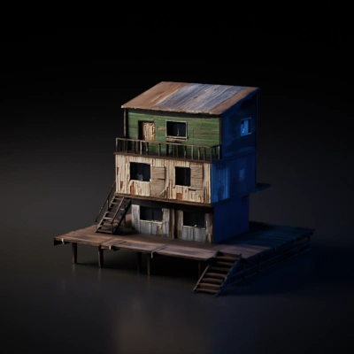 A weathered wooden stilt house.