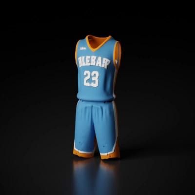 Basketball jersey and shorts with team number and name.