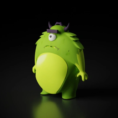 Cyclops monster with horns, sad expression, green skin.