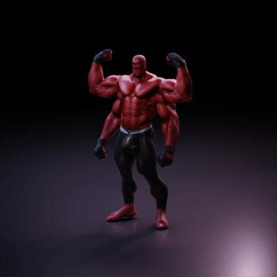 Muscular superhero with exaggerated features, flexing.