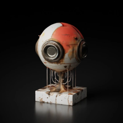 Hovering robotic orb with antenna and exposed wires.