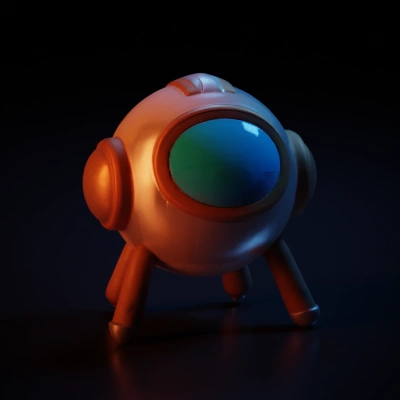Futuristic wooden robot with blue glass and four legs.
