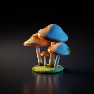 Cluster of realistic mushrooms, standing upright.