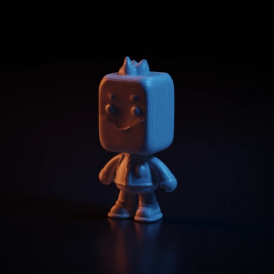 Human-like toy with square head, cute features.