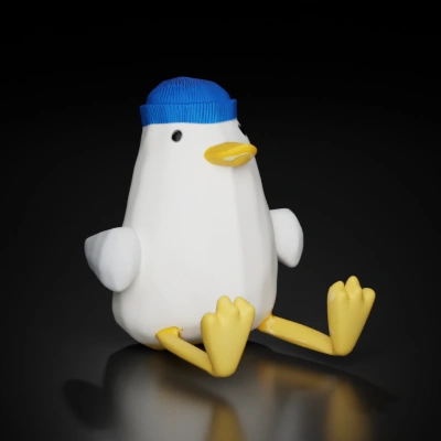 Stuffed bird toy with blue hat, cartoon style.
