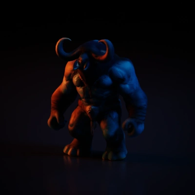 Torso-and-limb beast with large horns, menacing expression, muscular build.